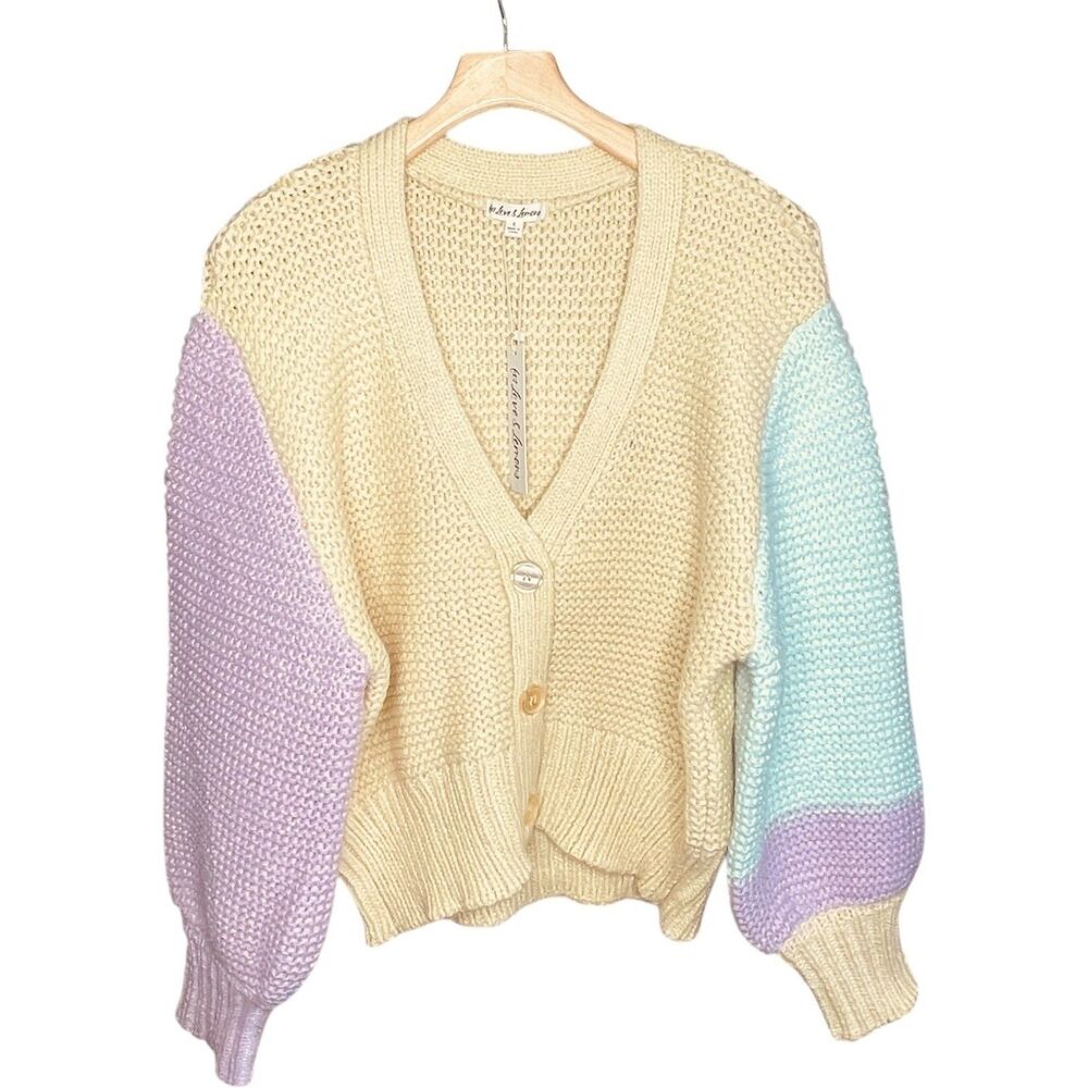 For Love & Lemons x Revolve Kerry Cropped V Neck Colorblock Cardigan Size S NWT - Picture 3 of 14